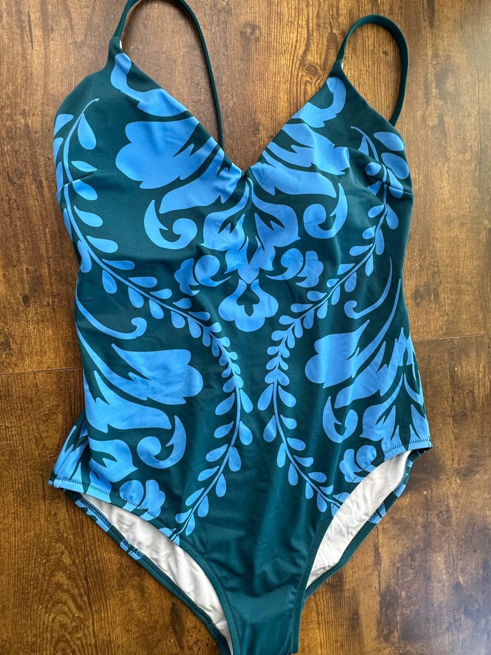 Boden NWT Blue Green Damask Floral V-Neck One Piece Swimsuit 12R